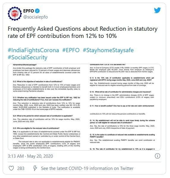 EPFO Contribution reduced from 12% to 10%